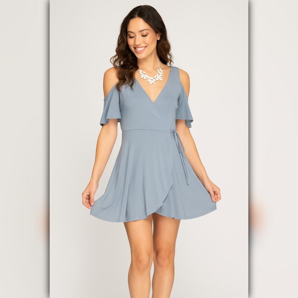 A109-A • Dusty Blue Cold Shoulder Surplice Wrap Mini Dress